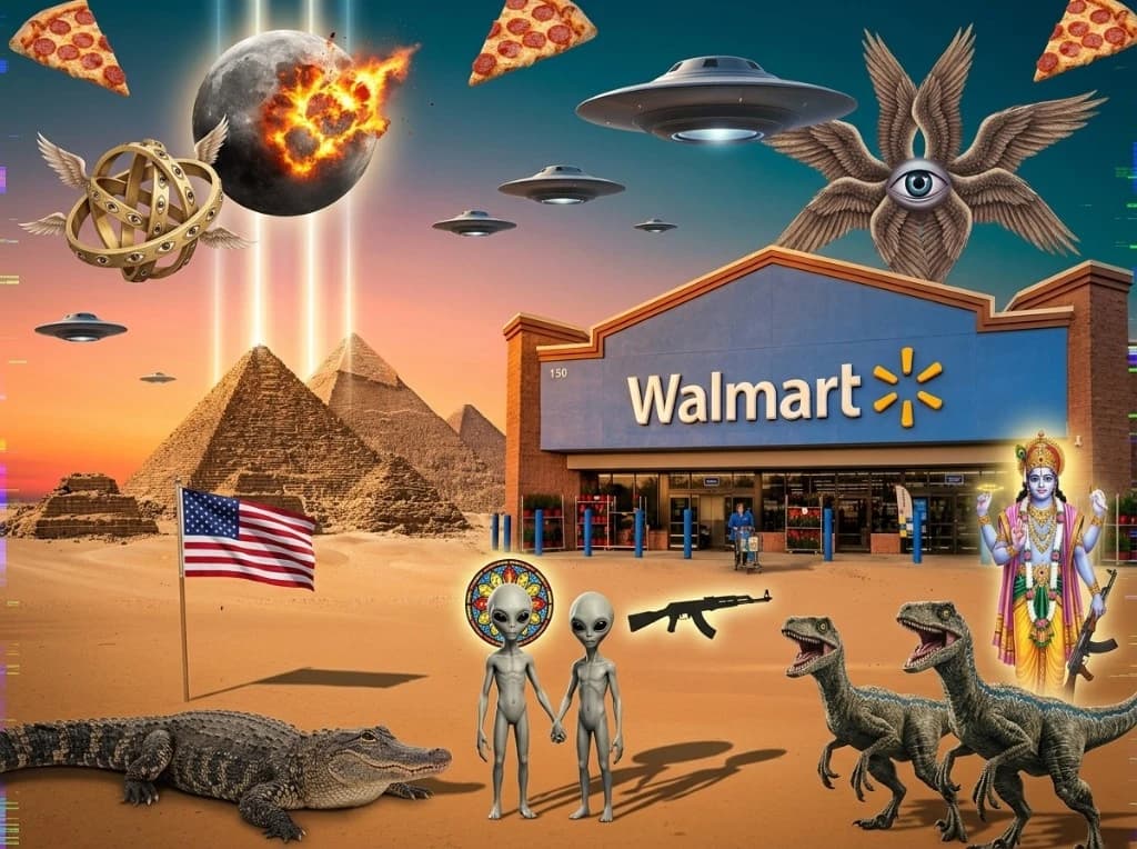 Alien-disclosure conspiracy collage with a real Walmart storefront rebuilt as a 3D building standing in the desert sand next to the Egyptian pyramids โ its signature blue facade and yellow sunburst logo intact, gray aliens hand-in-hand in front of it, multi-winged seraph and Ophanim wheel angels in the upper corners, exploding moon, UFO saucers, American flag, alligator, raptors, hindu deity holding a rifle, with floating pizza slices as chaos extras