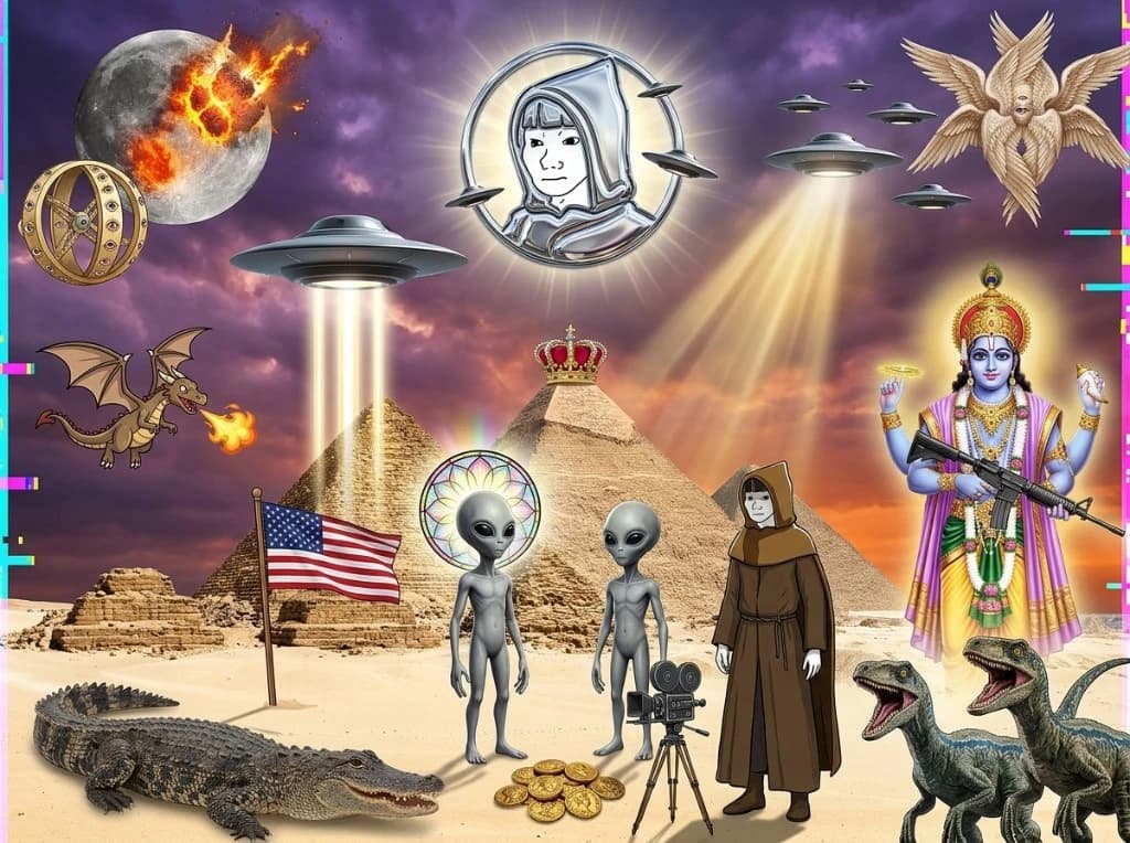 Alien-disclosure conspiracy collage with a hooded figure standing on the desert sand as the prophet beside the gray aliens, the same character's face also engraved into a chrome sky emblem floating above the pyramids โ stormy purple-and-orange sky, exploding moon, biblically accurate seraphim in the upper corners, UFO saucers shooting tractor beams, dragon, alligator, raptors, hindu deity holding a rifle, American flag, with a jeweled crown perched on a pyramid peak and a vintage movie camera on a tripod as chaos extras